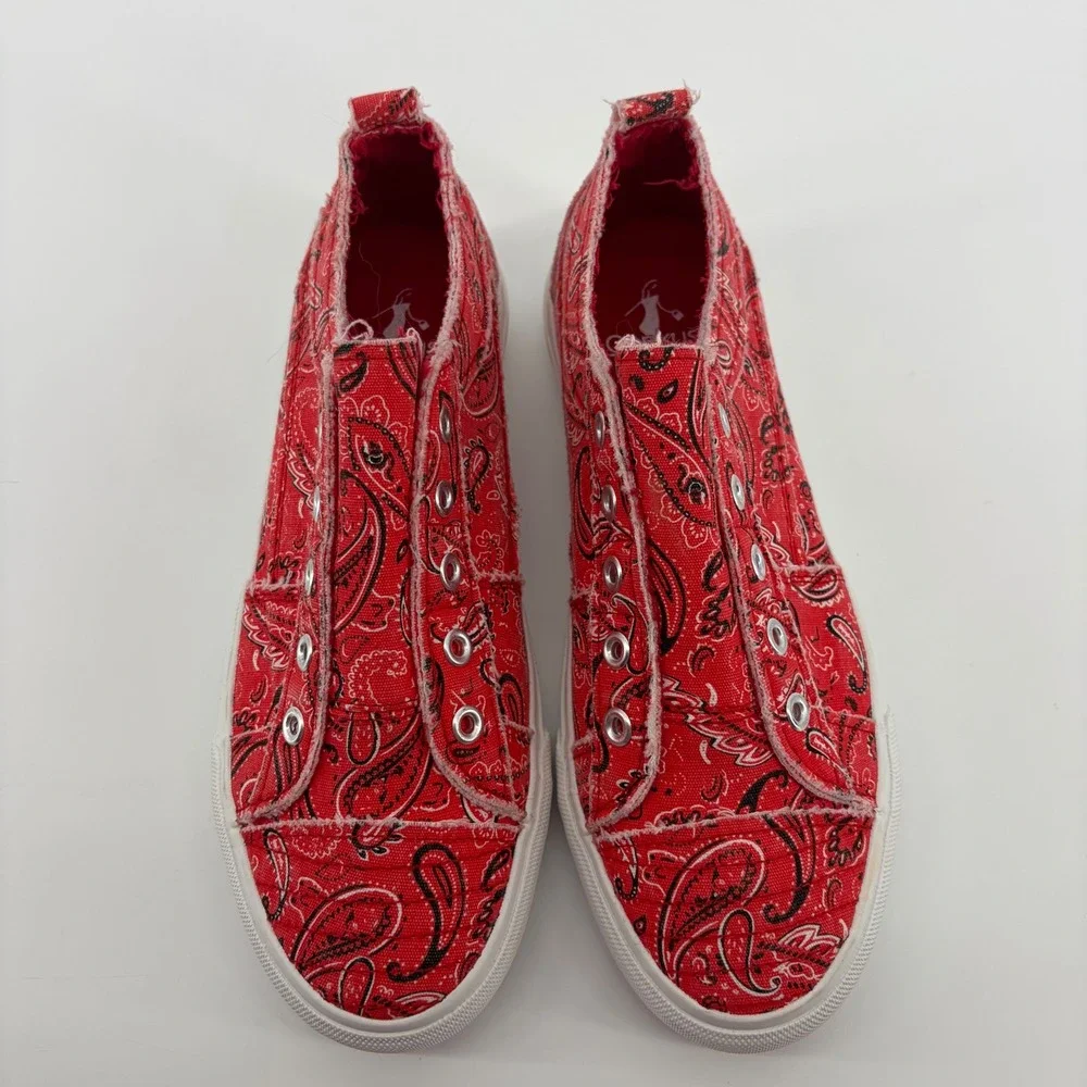 Corkys Womens 8 Red Paisley Bandana Babalu Slip On Sneakers Frayed Canvas